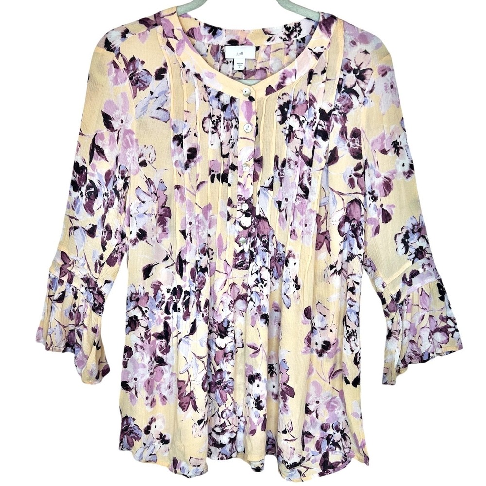 J Jill Floral Blouse Top M Yellow Purple Boho Cottagecore Henley Bell Sleeve